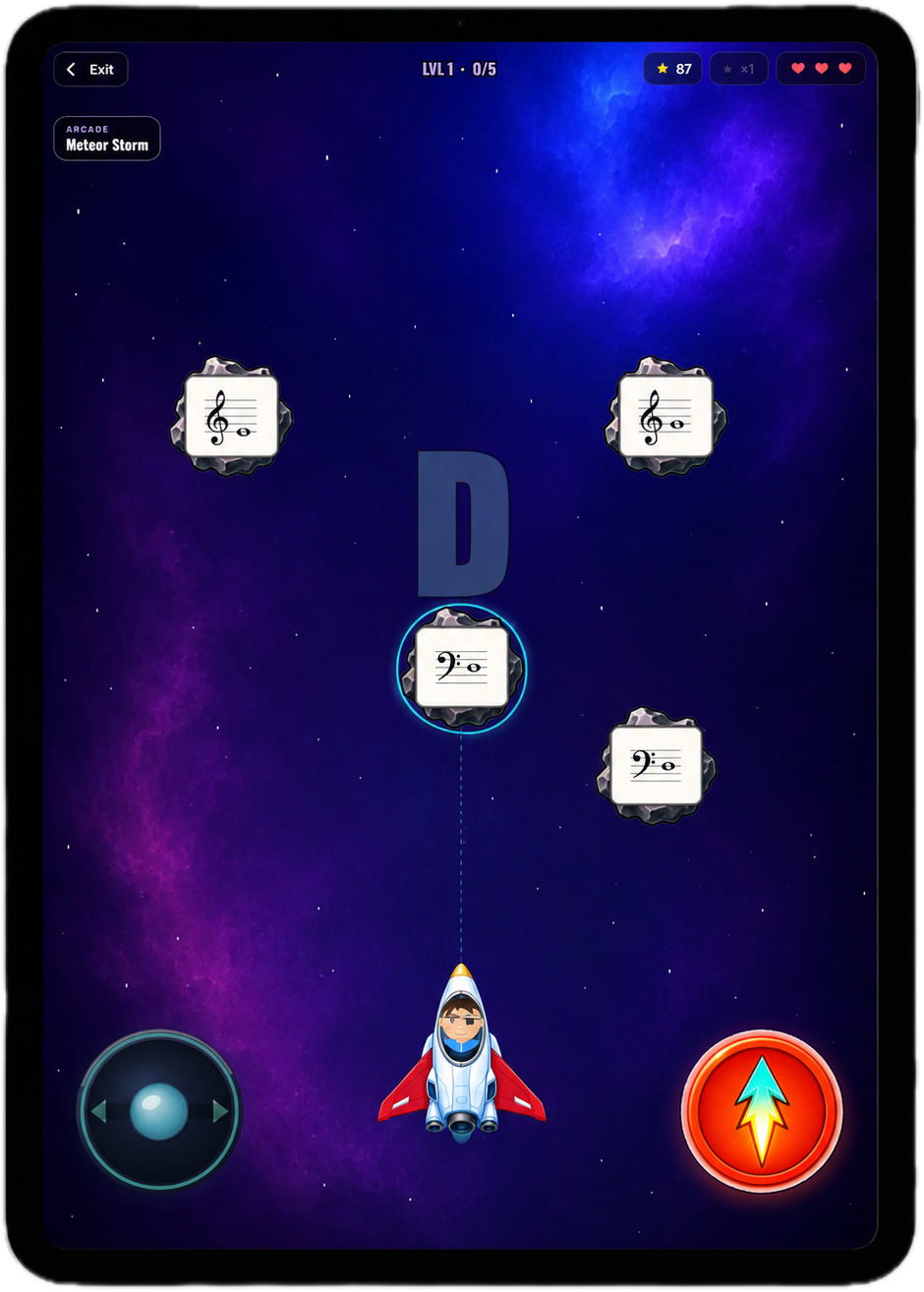 Ostinovo arcade gameplay preview showing a note-reading space game.