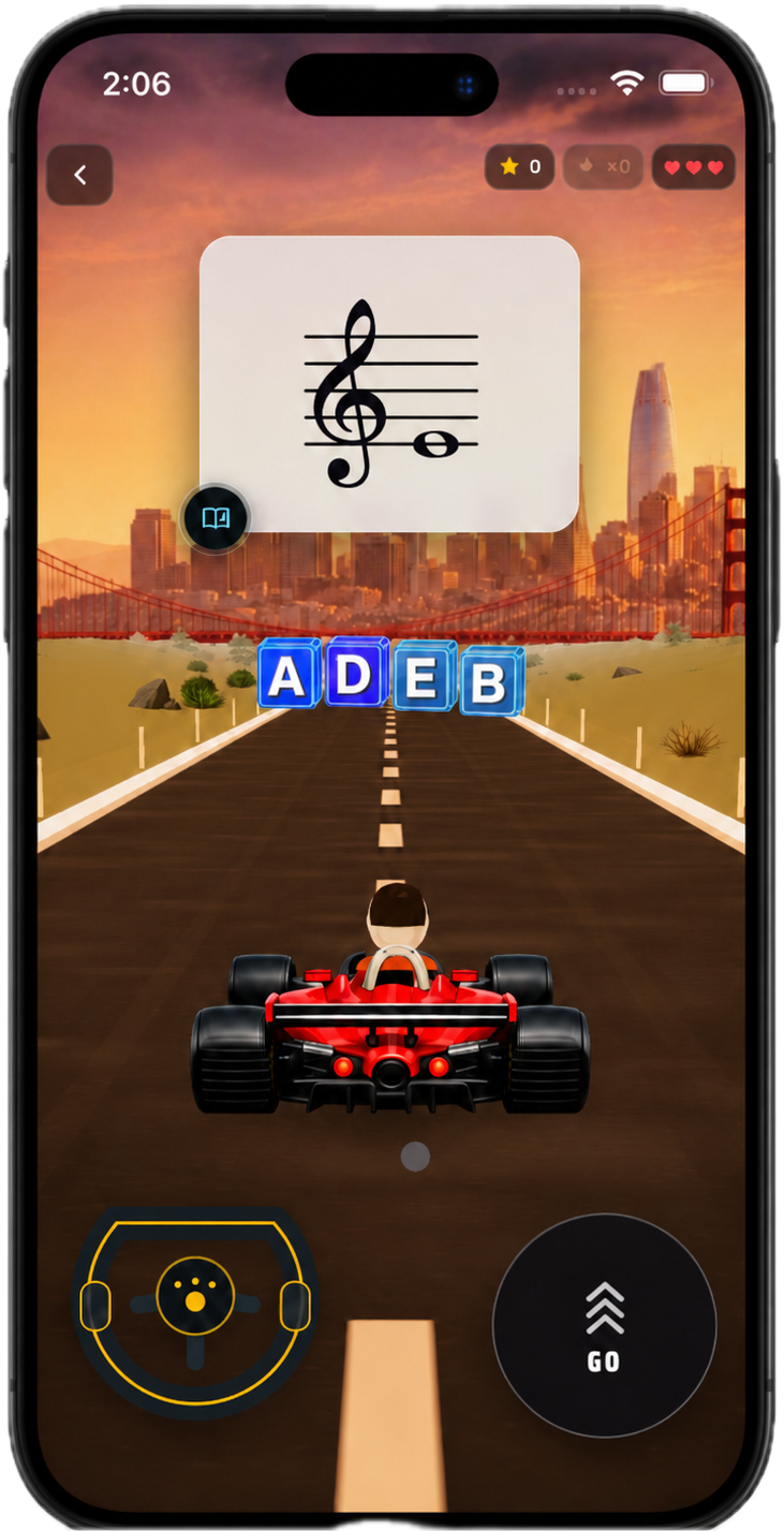 Ostinovo racing gameplay preview showing note choices on a road.