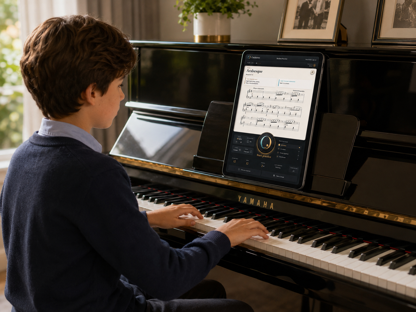 A piano student using Ostinovo guided practice on an iPad at the piano.